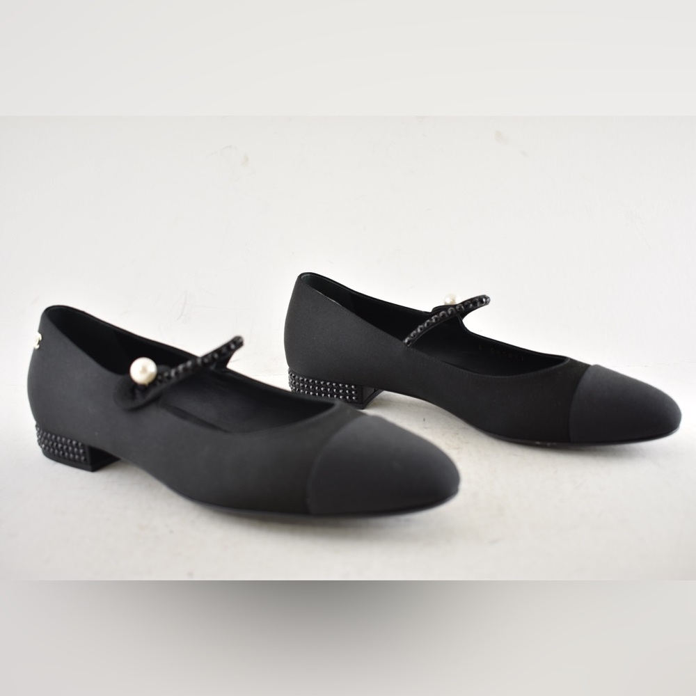 Chanel 24B Black Silk Crystal CC Logo Mary Jane Strap Ballerina Ballet Flat 38.5 - Picture 4 of 15